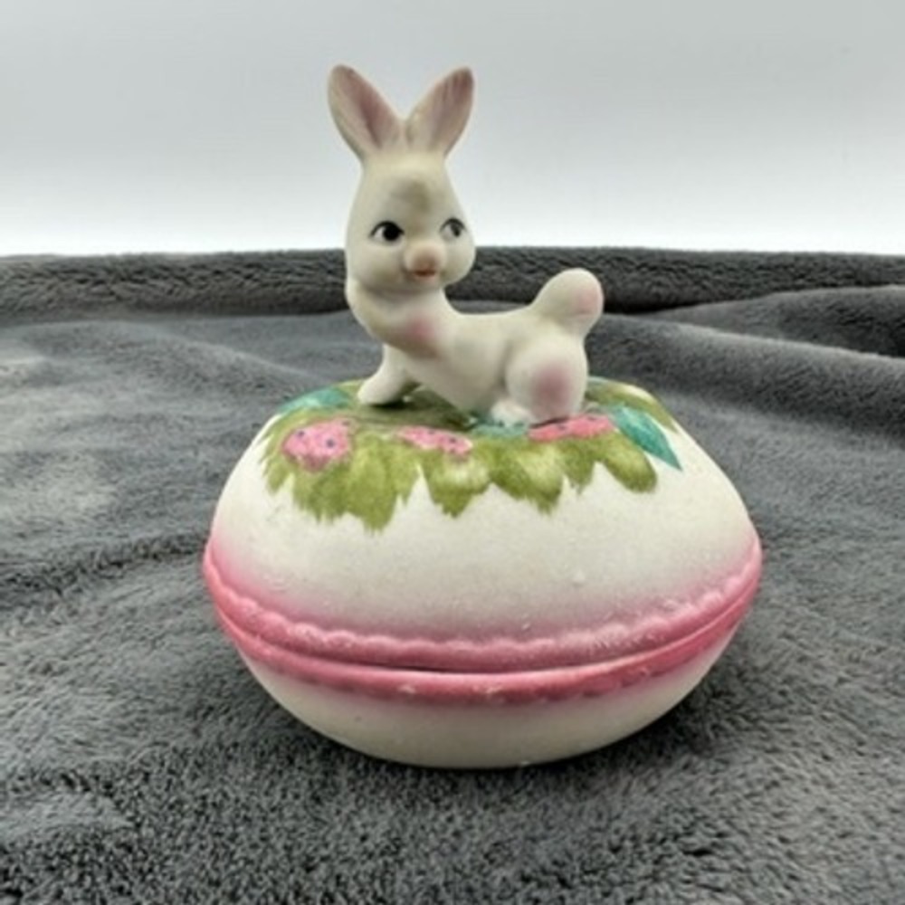Vintage Ceramic Bunny Rabbit Trinket Box Pink Floral Easter Decor